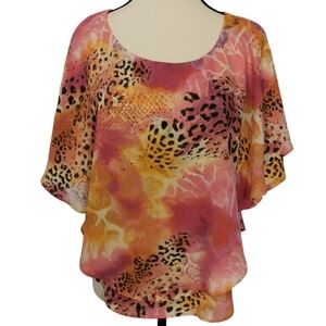 Peter Nygard Scoop Neck Cape Sleeve Layered Floral Animal Print Blouse - Sz S